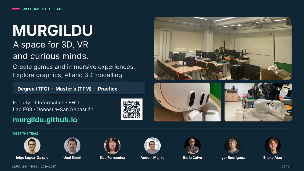 Opening slide of the MURGILDU 2026–2027 presentation, featuring the lab, VR equipment and team